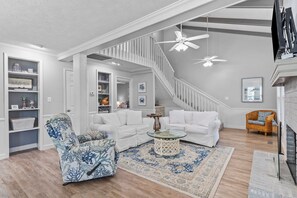 Télévision, cheminée, livres