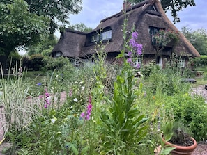 Una casa amb teulada de palla envoltada d'un jardí ple de plantes i flors diverses.