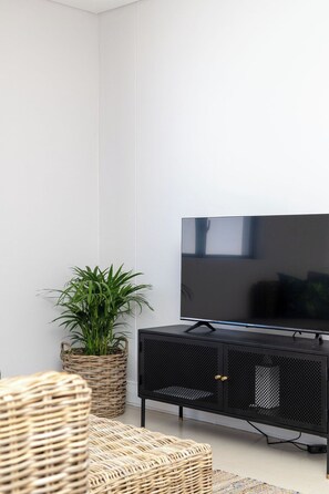A modern living room with a large flat-screen TV, wicker furniture, and a potted plant.