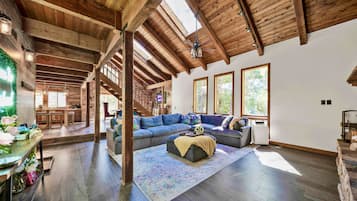 Smart TV, chimenea, libros y estéreo