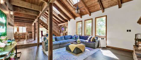 TV connectée, cheminée, livres, chaîne hi-fi