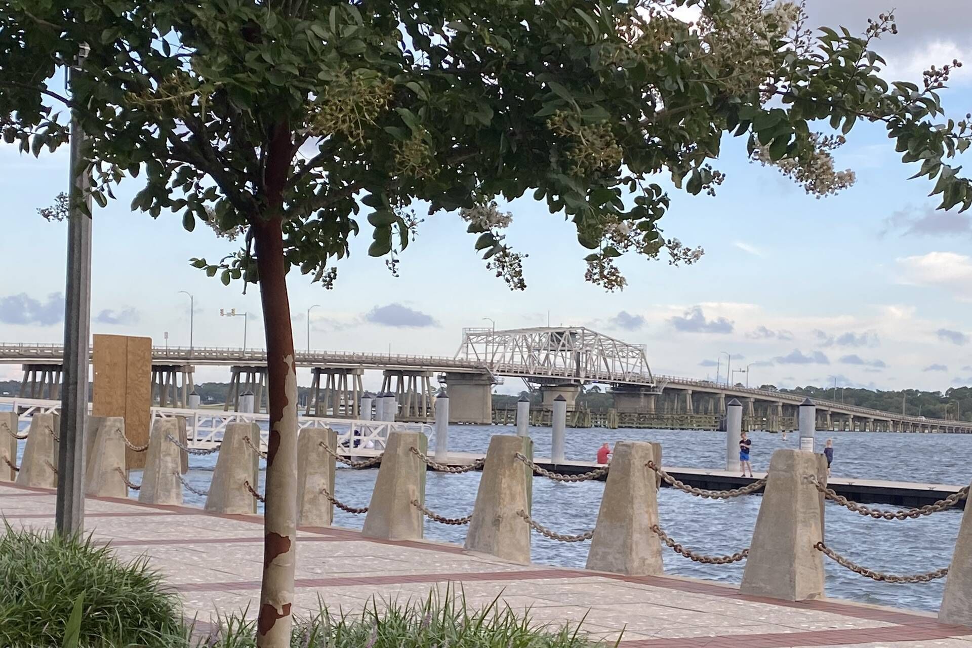 A riverside walkway with a bridge in the background.
