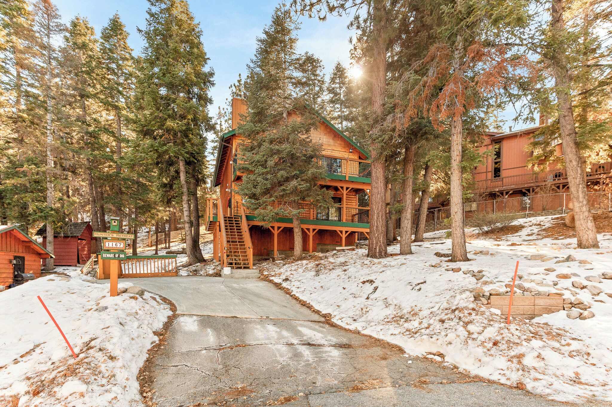 A log cabin with a green roof and a wooden deck, surrounded by tall pine trees.