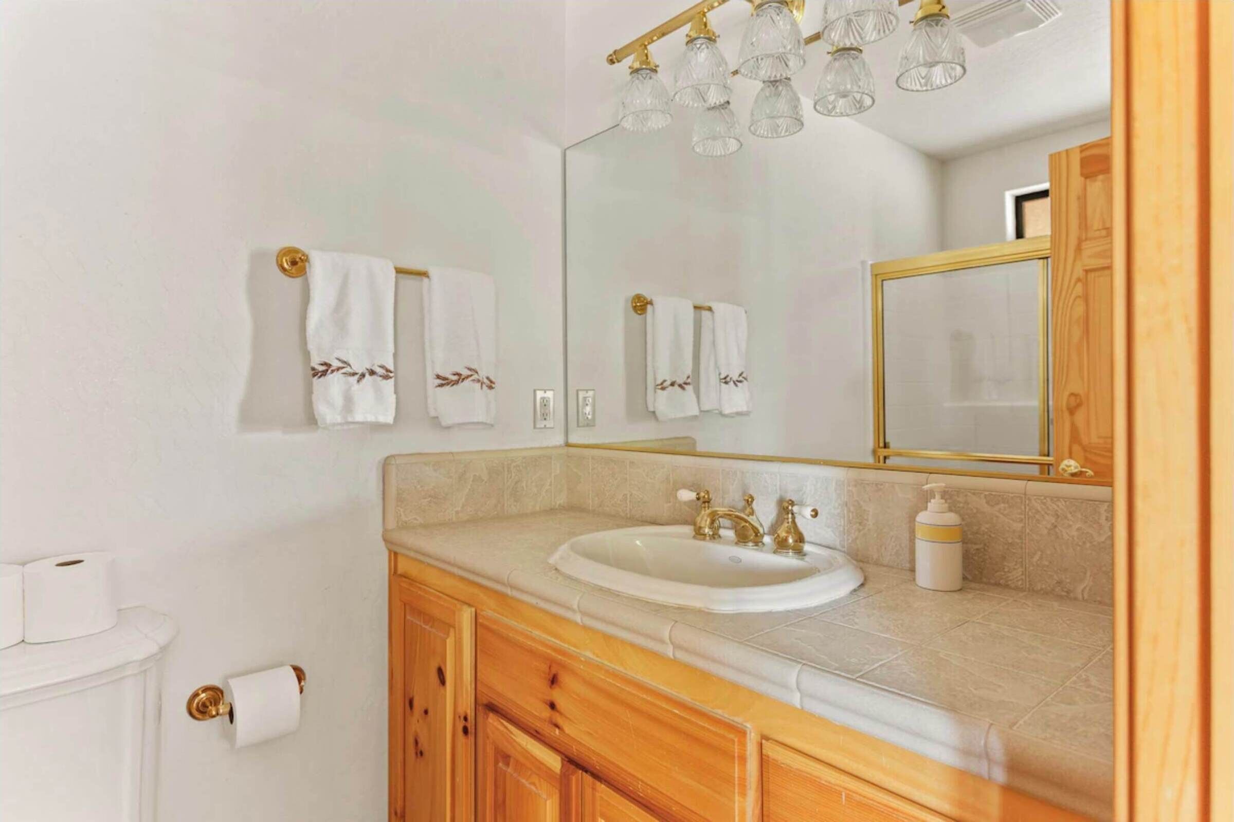 Une salle de bain avec un lavabo blanc, des robinets dorés et un grand miroir avec un cadre doré. Deux serviettes sont accrochées au mur, ainsi qu’un porte-rouleau de papier toilette.