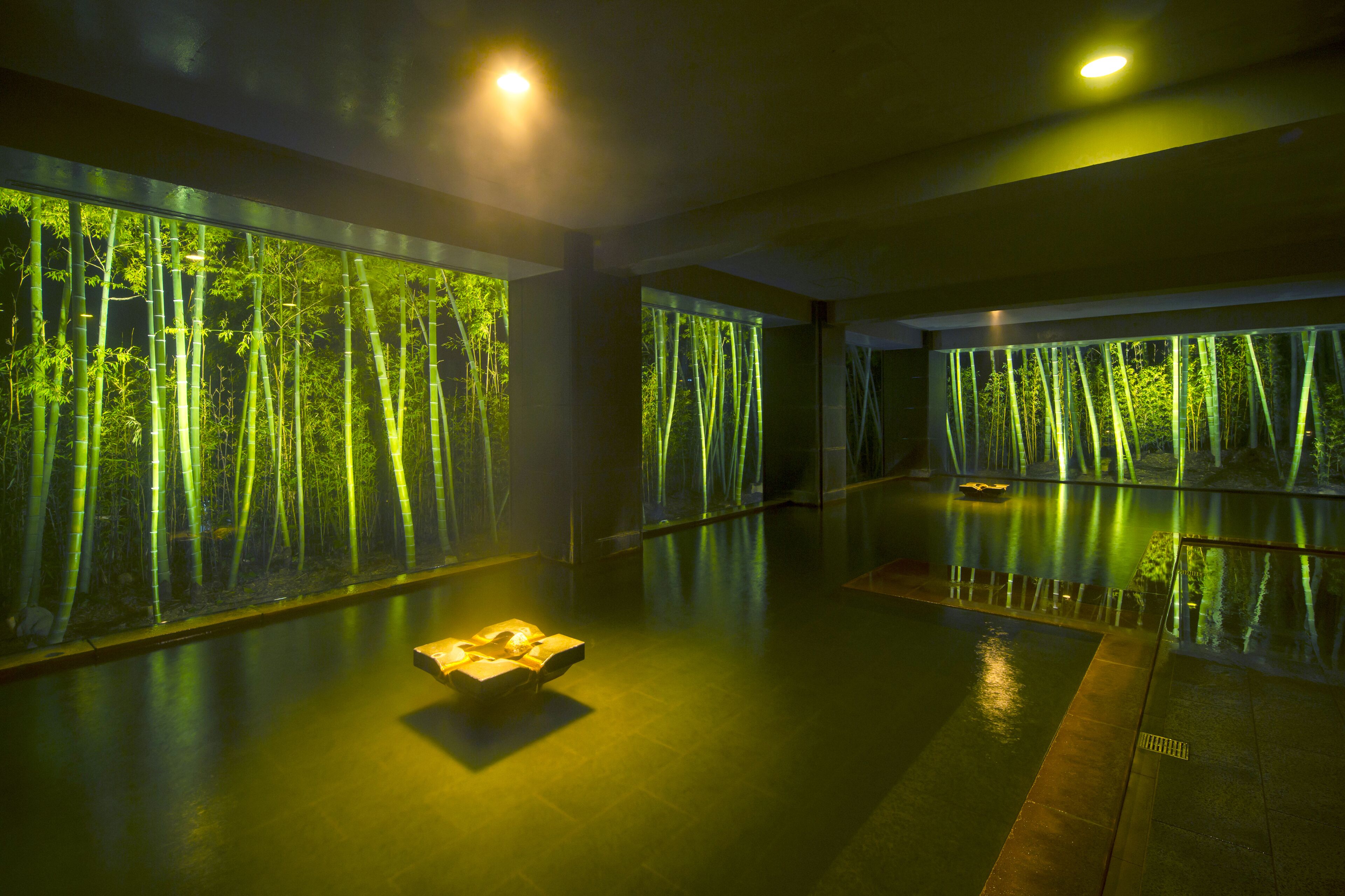 A spacious indoor area with large windows displaying a forest scene.