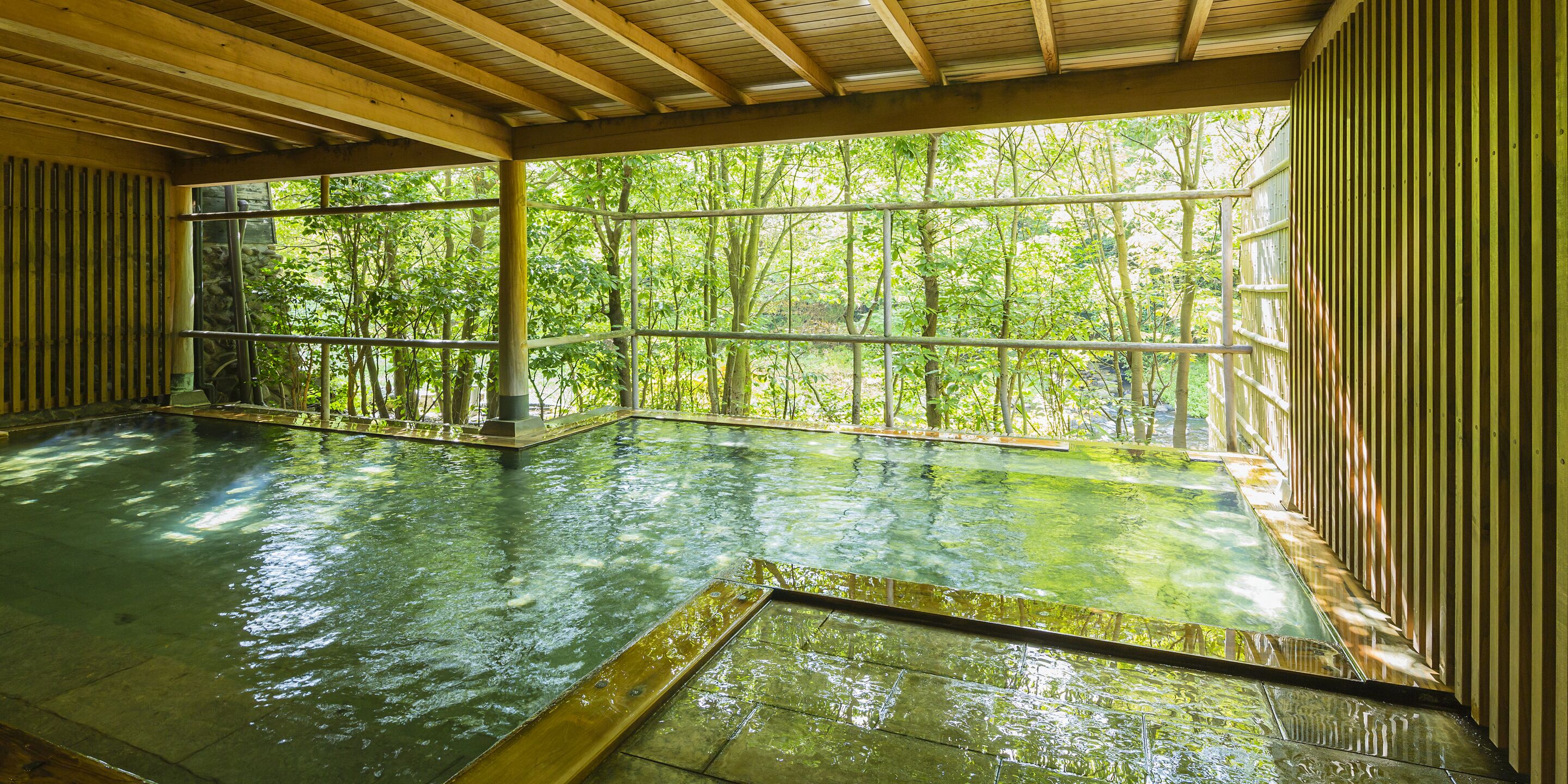 An indoor swimming pool with clear glass walls, surrounded by wooden beams and a view of a forested area.