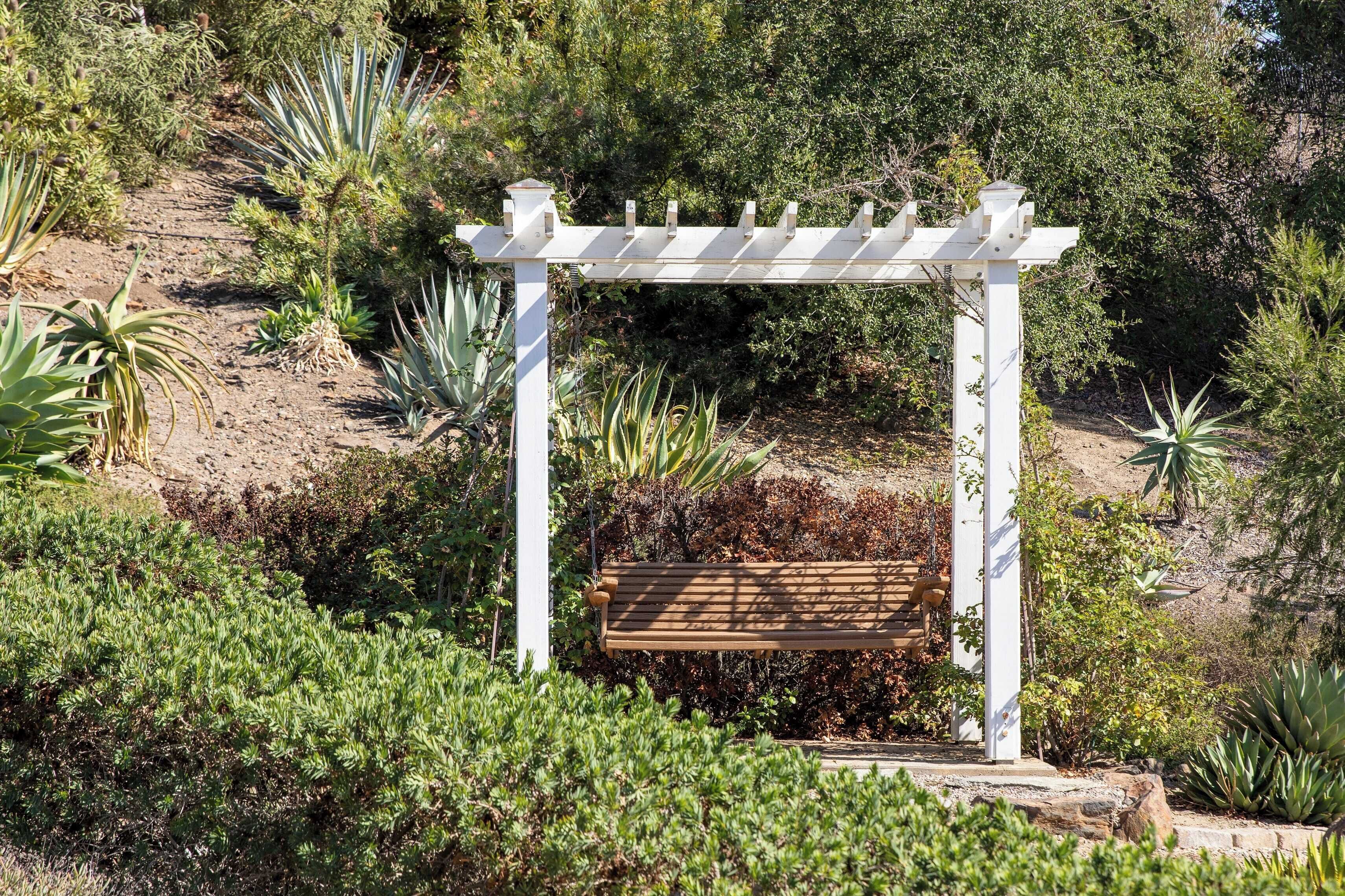 A white pergola with a bench underneath, surrounded by various green plants and shrubs.