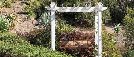 A white pergola with a bench underneath, surrounded by various green plants and shrubs.