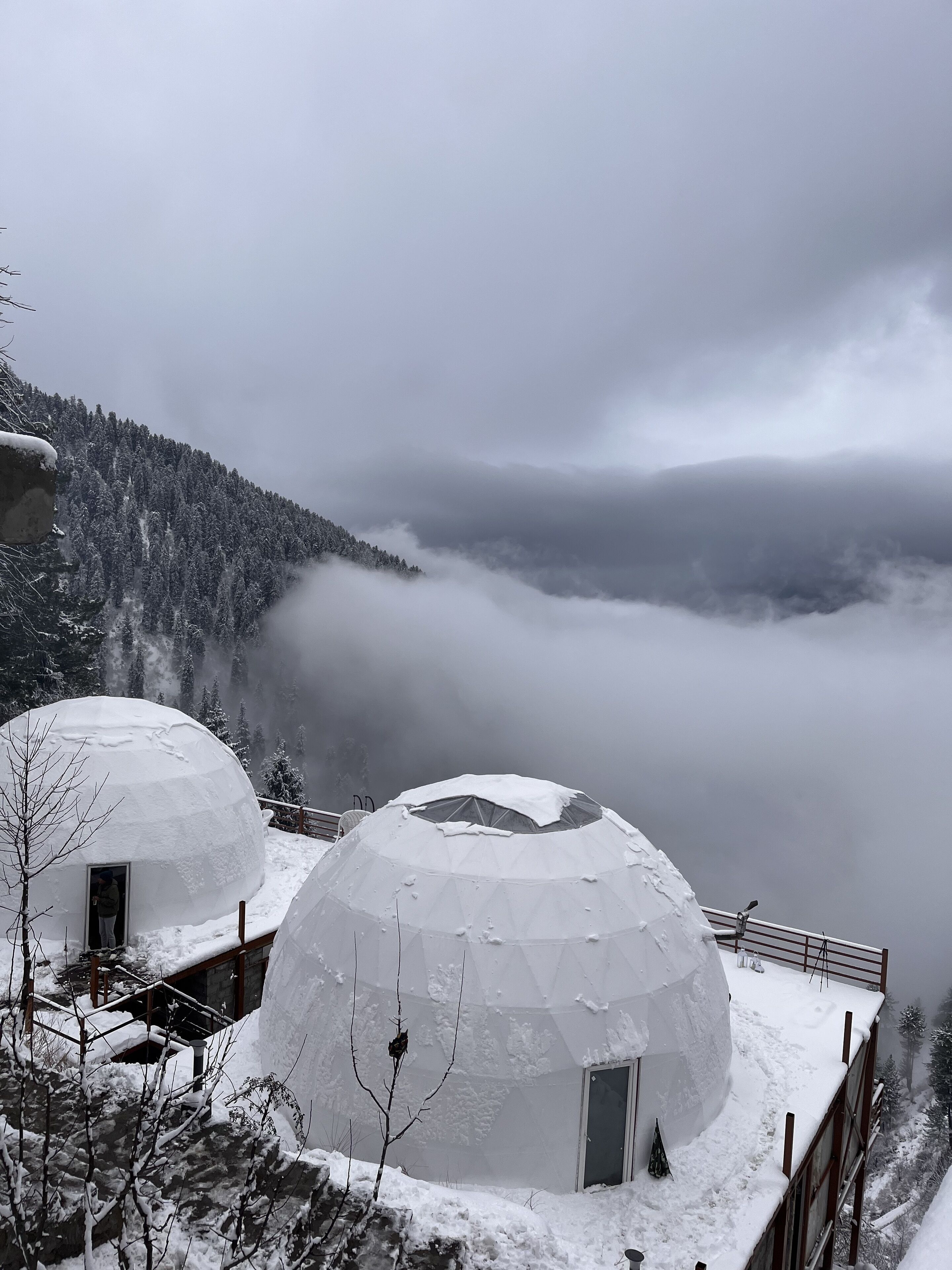 Two snow-covered geodesic domes with a wooden deck and a small window, set against a backdrop of a snowy mountain and fog.
