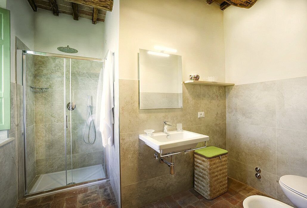 A bathroom with a glass-enclosed shower, a sink with a mirror above it, and a toilet.