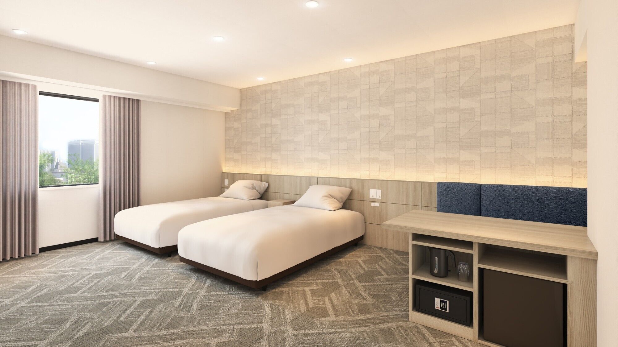 A hotel room with two beds, a large window with curtains, a wall-mounted TV, a minibar, and a patterned carpet.