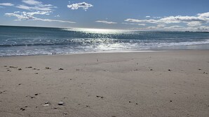 Ein Strand mit blauem Himmel und ruhiger See.