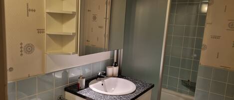 A bathroom with a white sink, a mirror, and a shower area.