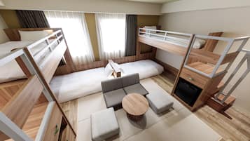 A modern hotel room with bunk beds, a sofa, ottomans, and a small table.
