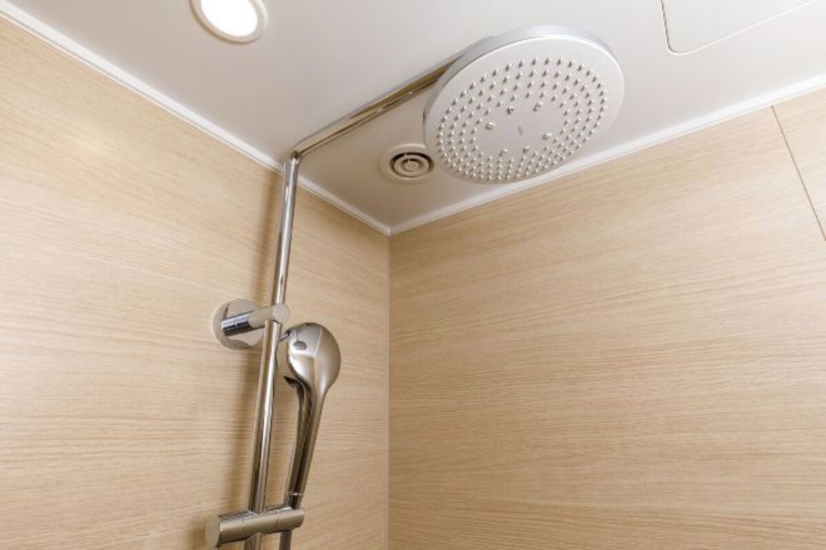 A shower with a handheld showerhead and a wall-mounted control panel.