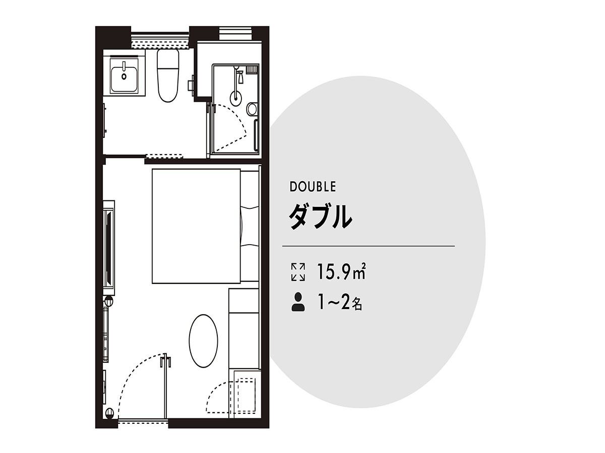 A floor plan of a double room with a total area of 15.9 m², accommodating 1-2 people.