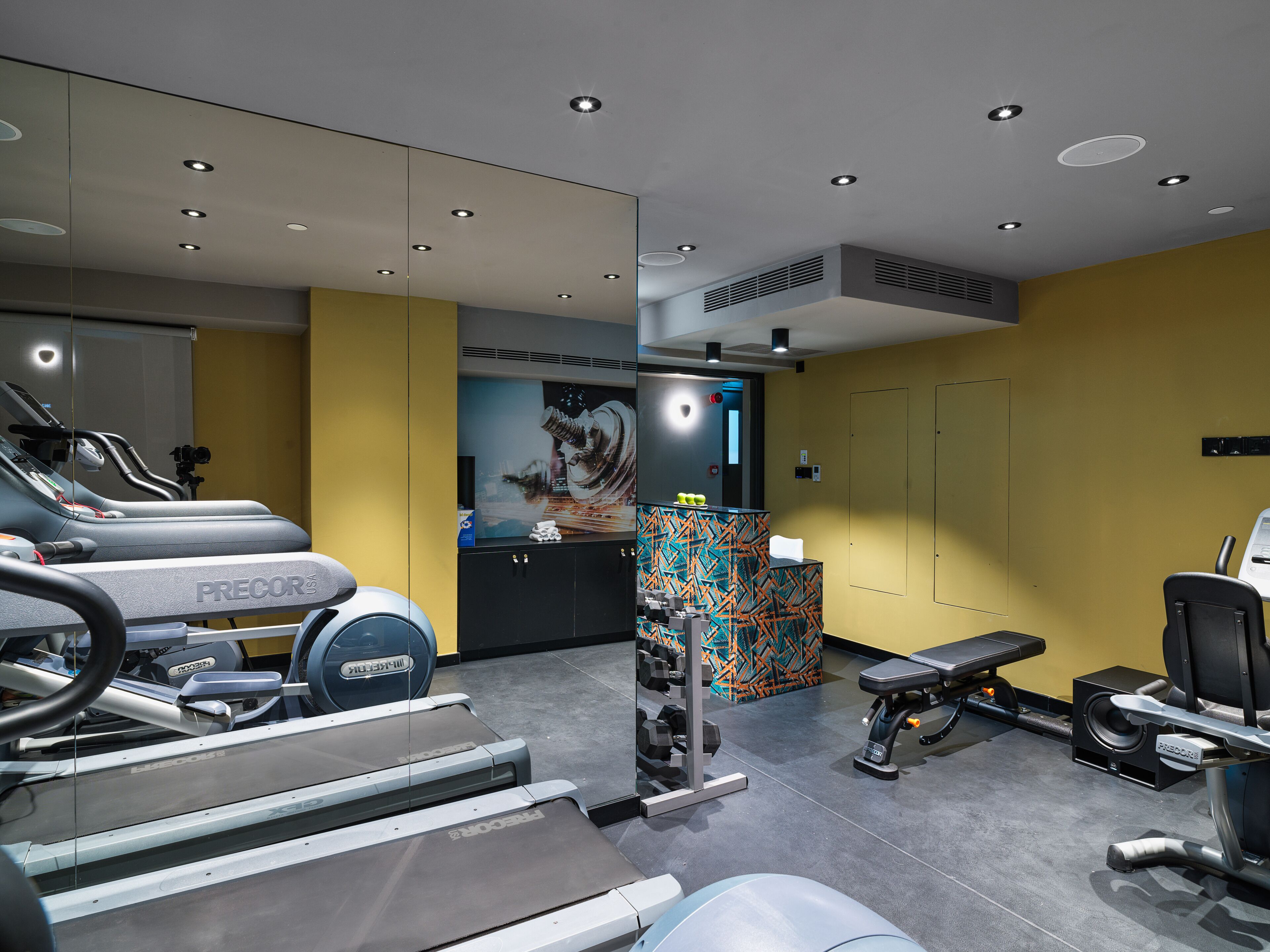 A gym with treadmills, a bench, and a wall-mounted TV.