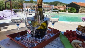 A tray with wine glasses, a bottle of wine, and a bowl of snacks by a poolside.