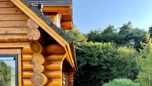 A log cabin with a wooden exterior, a glass door, and a gravel pathway leading to the entrance.