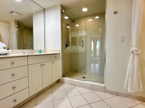 Combined shower/tub, hair dryer