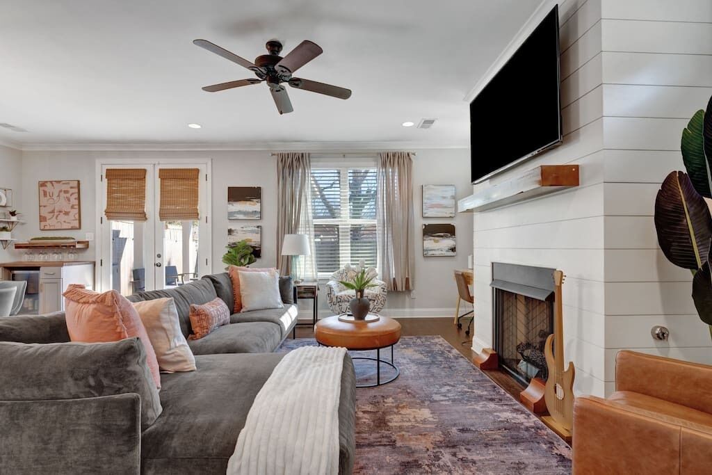 Modern three-bedroom home with patio and fire pit