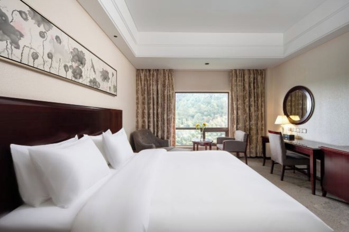 A hotel room with a large bed, a desk, a chair, a lamp, and a view of trees through the window.