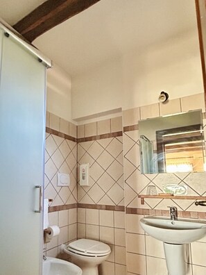 Douche, séchoir à cheveux, bidet, serviettes fournies
