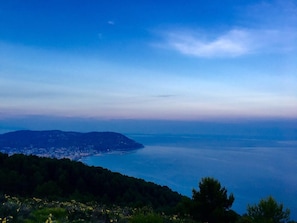 A coastal landscape with a view of a town and the sea.
