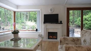 Een televisie, een open haard en een dvd-speler