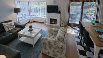 Een televisie, een open haard en een dvd-speler