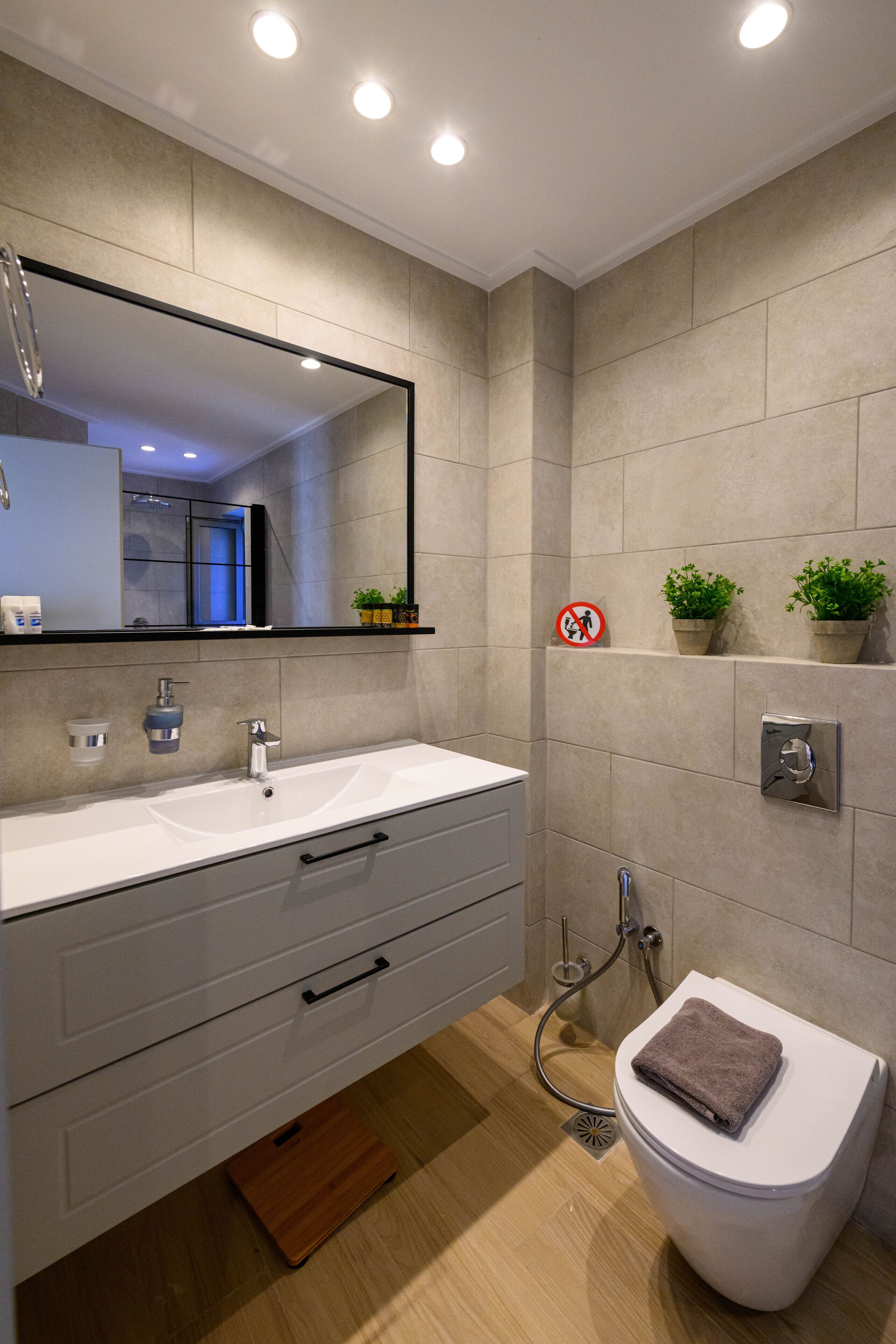 A modern bathroom with a white sink, mirror, and toilet. There are two potted plants on a shelf above the toilet.