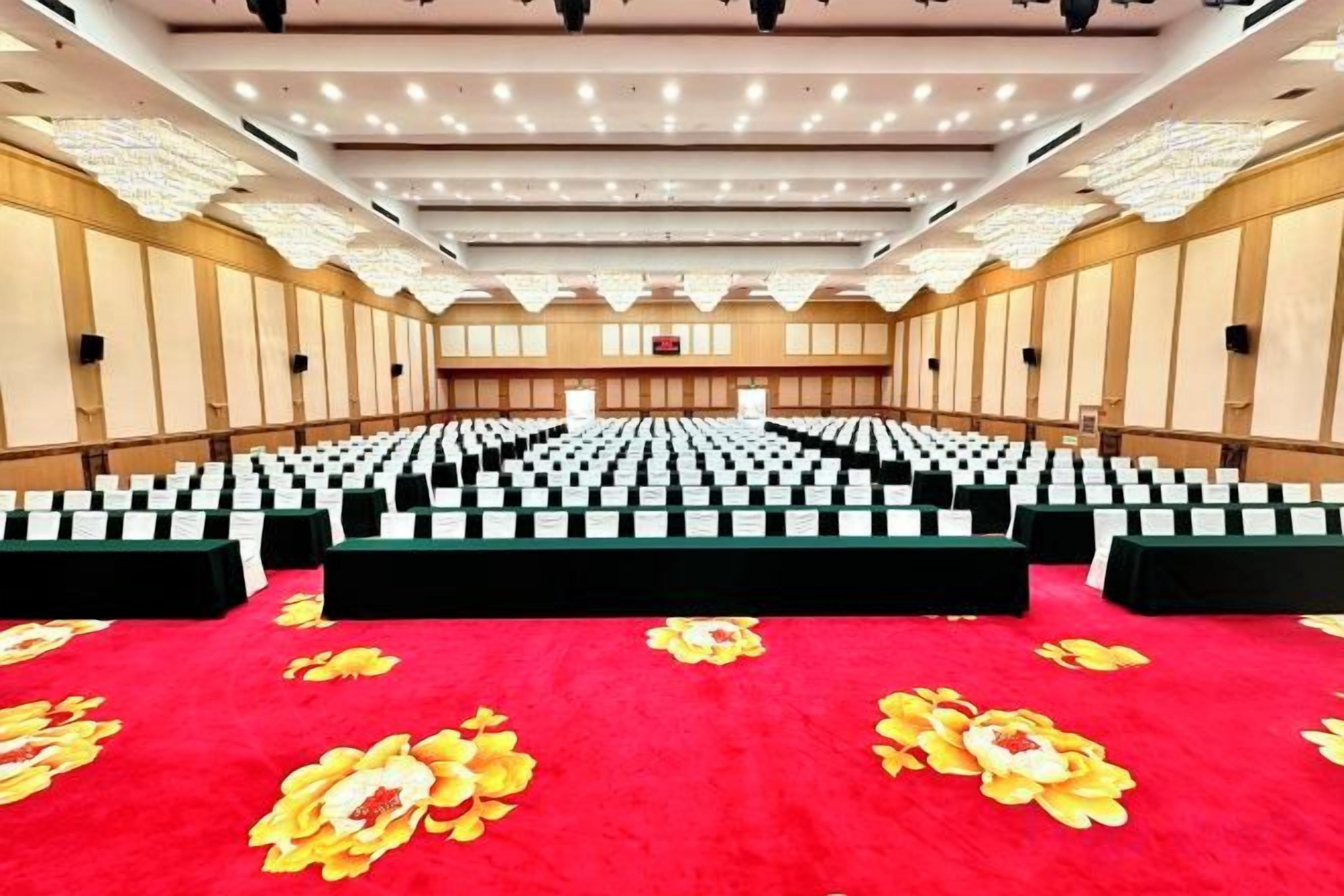 A conference room with rows of chairs, a red carpet, and a stage.