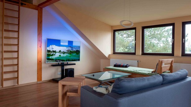 A modern living room with a TV, wooden furniture, a loft bed, and large windows. - Vacation apartment Stifterfelsen (Sinzing)