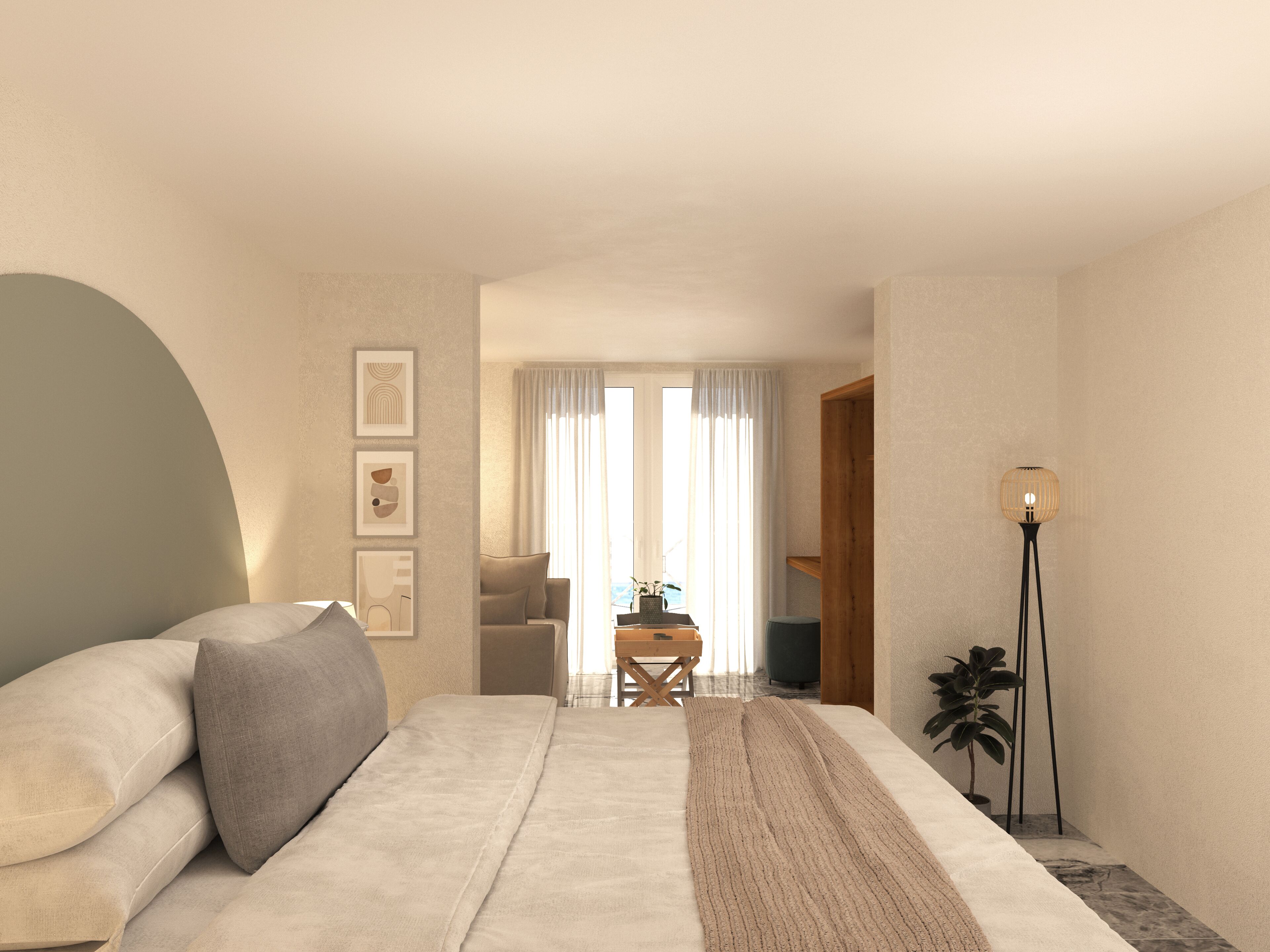 A modern hotel room with a bed, a desk, a chair, and a floor lamp.