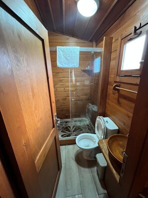 Shower, rainfall showerhead, free toiletries, hair dryer