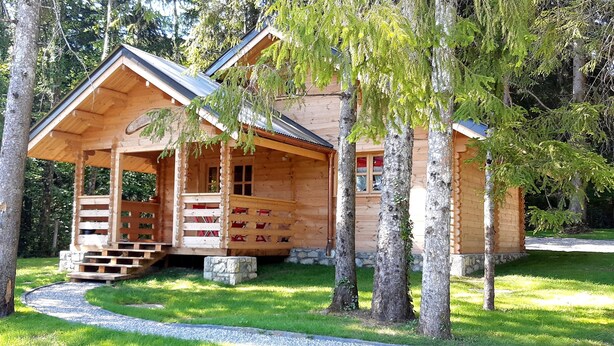 A wooden cabin with a porch, stone steps, and a red grill in the yard. - CHALET L'UBAC, a little corner of paradise between Lake Annecy and its mountains (Bluffy)