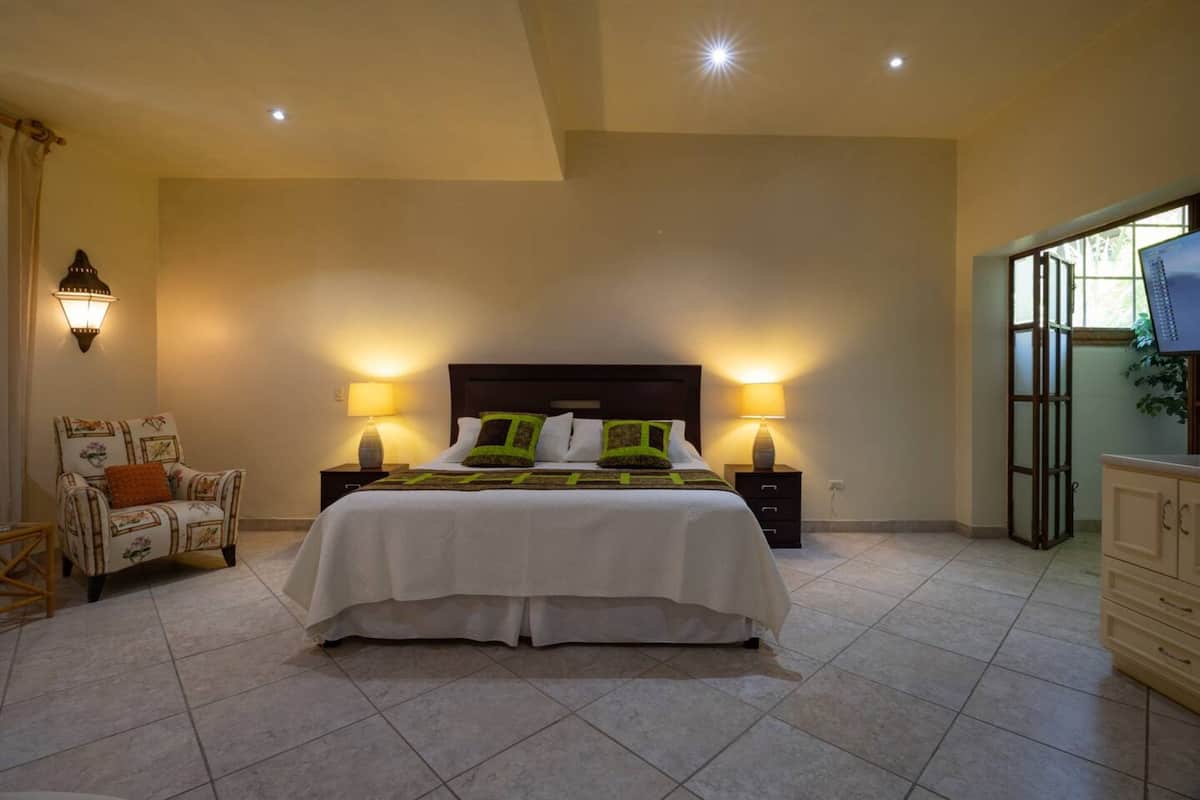 A bedroom with a large bed, two bedside lamps, a chair, a dresser, and a TV on a stand.