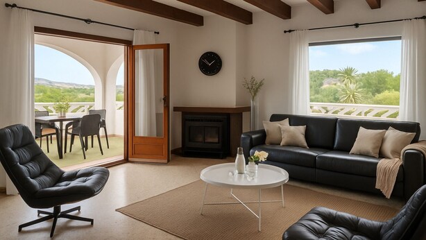 Un salon avec une cheminée, un canapé, une table basse et un coin repas avec des chaises.
