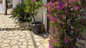 Une rue étroite bordée d’un immeuble blanc, doté d’un toit recouvert de tuiles et d’un petit jardin agrémenté de bougainvilliers et d’une plante en pot.