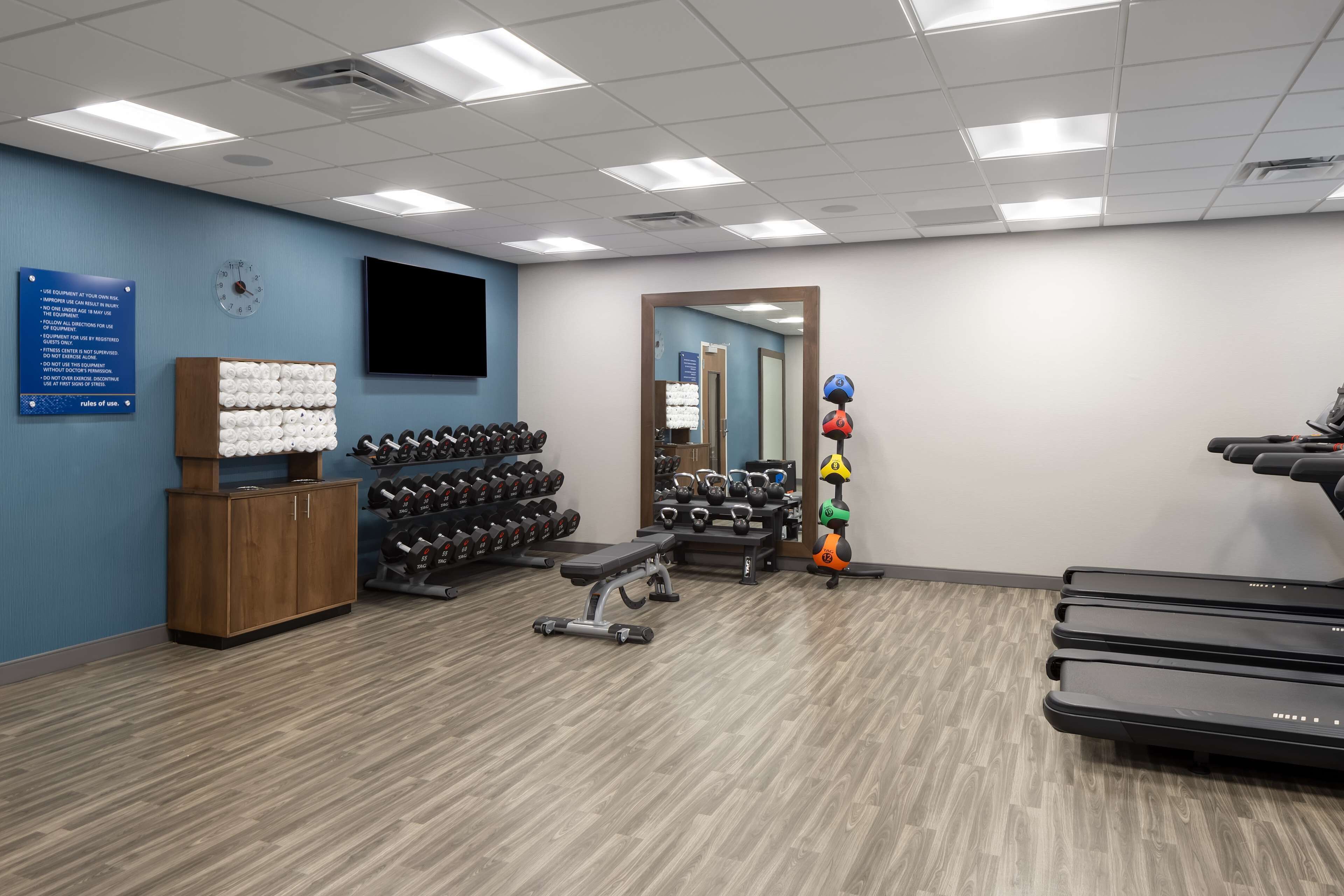 A gym with treadmills, dumbbells, and a bench.