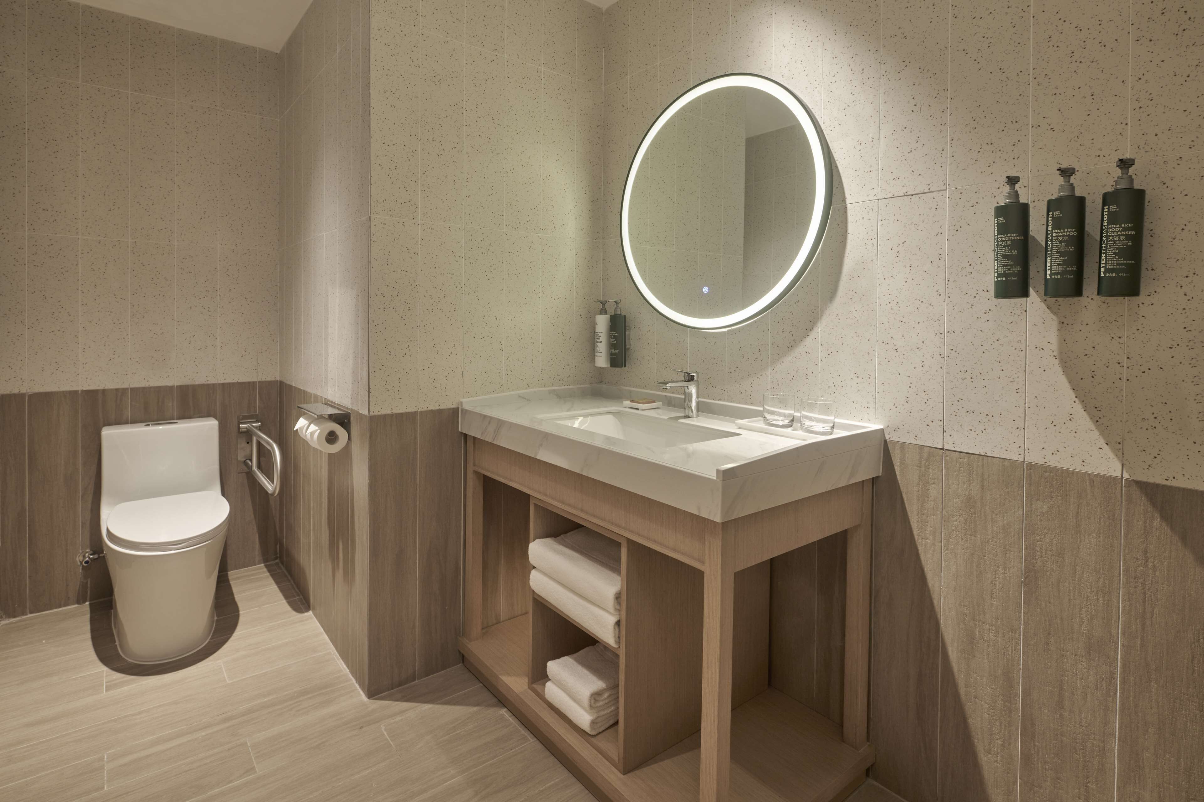Een moderne badkamer met toilet, wastafel, spiegel en handdoekenkast.
