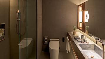 A modern bathroom with a glass-enclosed shower, a vanity with a sink and mirror, and a toilet.