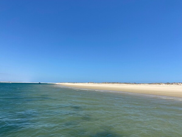 A beach with clear water, a sandy shore, and a distant ship.
