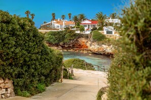 A coastal property with a stone pathway leading to a cliff overlooking the sea, surrounded by lush greenery and palm trees.