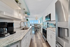 Fridge, microwave, oven, stovetop - Island Shores 652: Beach Front Balcony: Stunning Gulf Views, Pool, Free Parking (Gulf Shores)