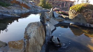 A stone bridge over a calm water body with a rustic stone building in the background.