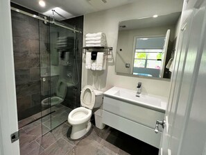 Shower, hair dryer, towels, soap
