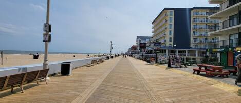 A wooden boardwalk with benches, a trash can, and a lamppost.