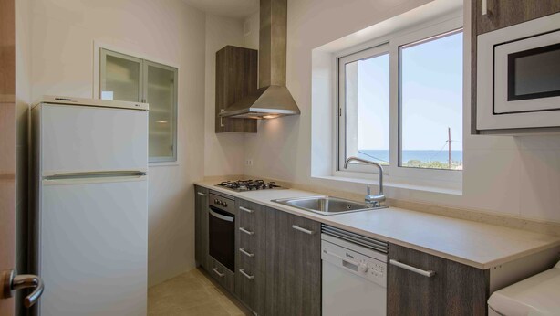 A modern kitchen with a built-in gas stove, oven, dishwasher, and a large window providing a view.