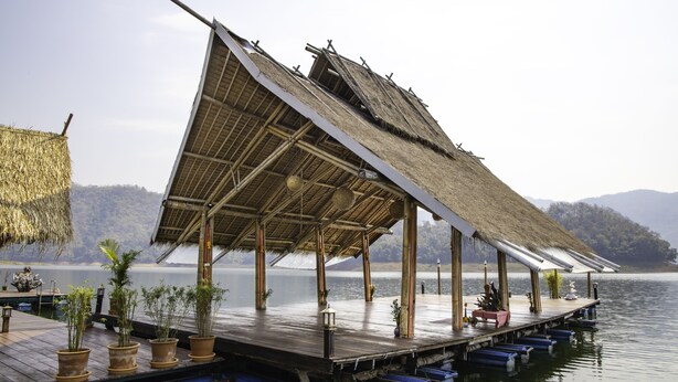 A wooden dock with a thatched roof, potted plants, and blue floating docks.